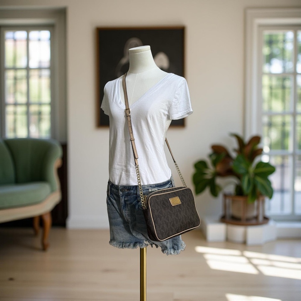 Michael Kors Brown Signature Monogram Crossbody Bag with Gold Accents - Picture 7 of 9